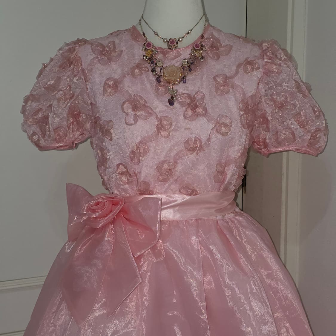 일본빈티지)핑크 마리앙뚜아네트 히메공주 로즈 리본 새틴오간자레이스튤드레스 상품이미지3