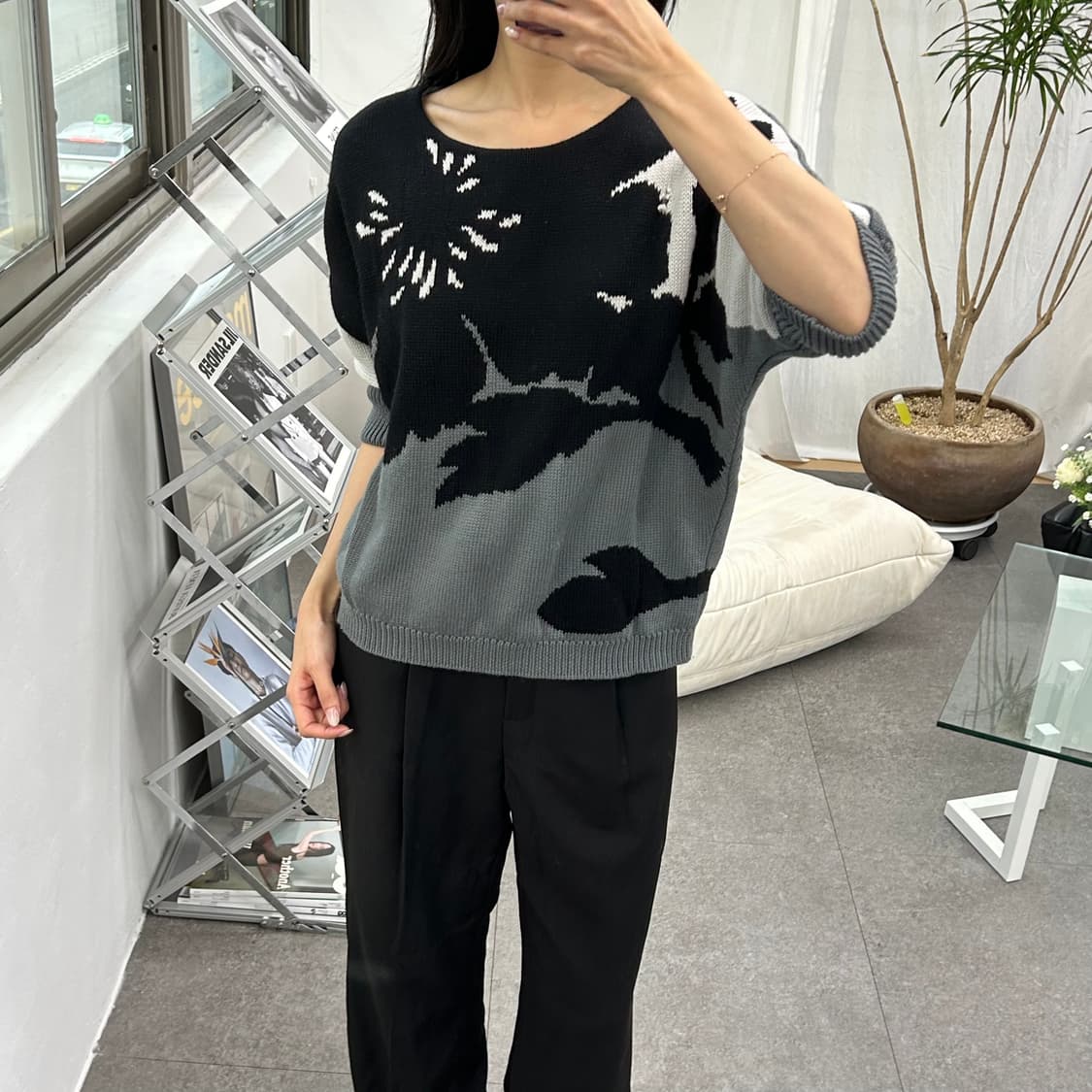 이태리 피아자 셈피오네 플라워 패턴 돌먼 니트 탑 상품이미지1