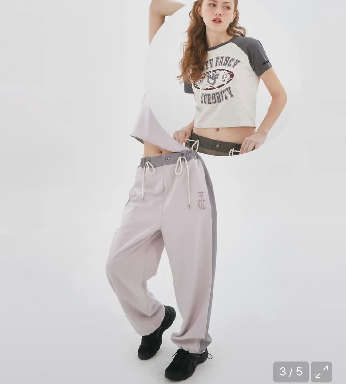 일괄 팬시클럽 플로윙 투 톤 스트링 팬, 러프 레글런 크롭 티 상품이미지1