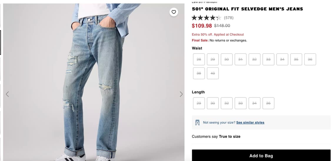 리바이스501오리지널 셀비지진 상품이미지1