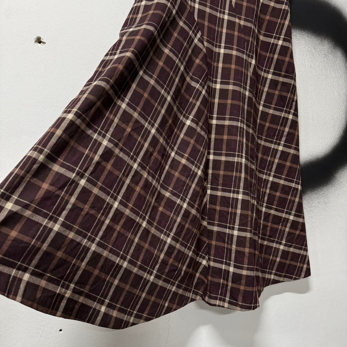 VTG 빈티지 브라운 체크 플레어 뒷 밴딩 롱 스커트 상품이미지5