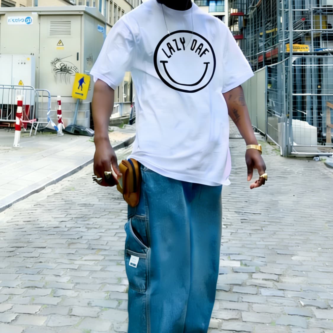 [새상품 L사이즈] LAZY DAF 웃음표 프린트 커스텀 반팔 상품이미지5