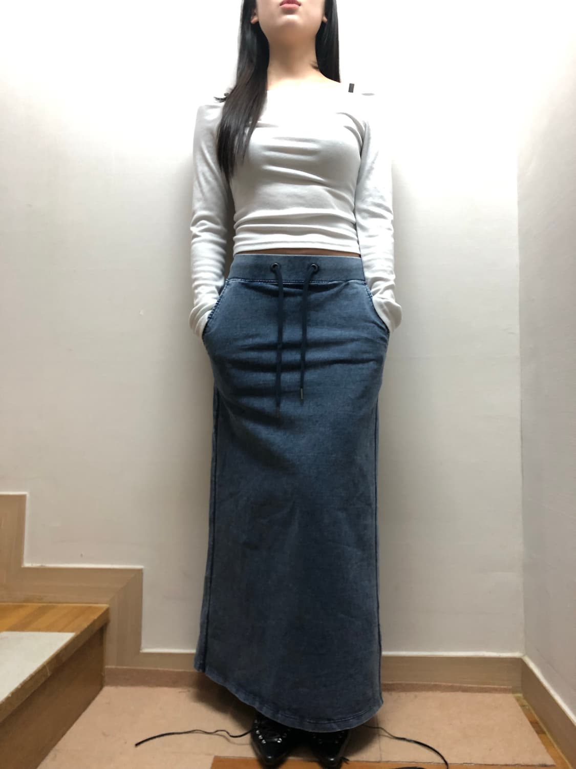 빈티지 데님 프린팅 코튼 롱 스커트 상품이미지5