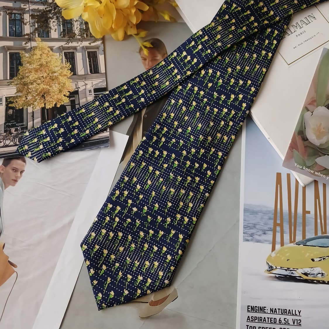 발망 실크 네이비 플라워 패턴 넥타이 9.8cm A+등급 A19307
 상품이미지5