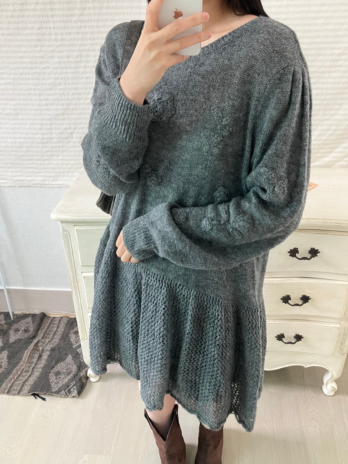 jpn vintage 차콜 플라워 패턴 펀칭 레이스 니트 원피스 y2k  상품이미지3