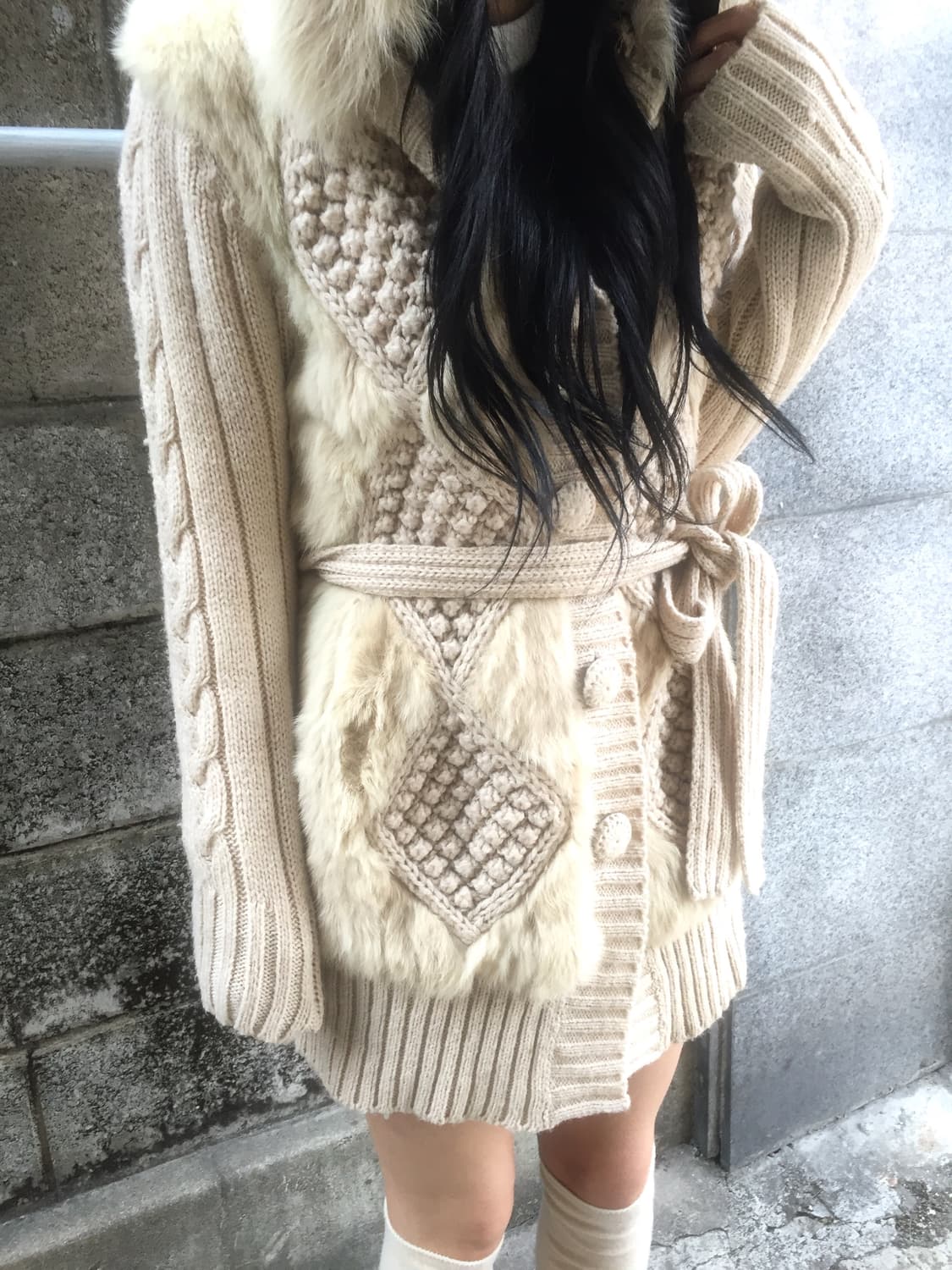 빈티지 퍼 후드 니트 가디건 상품이미지5