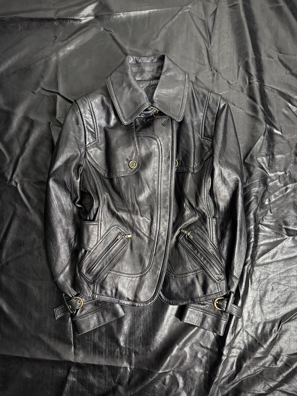 Black leather collared jacket 상품이미지1