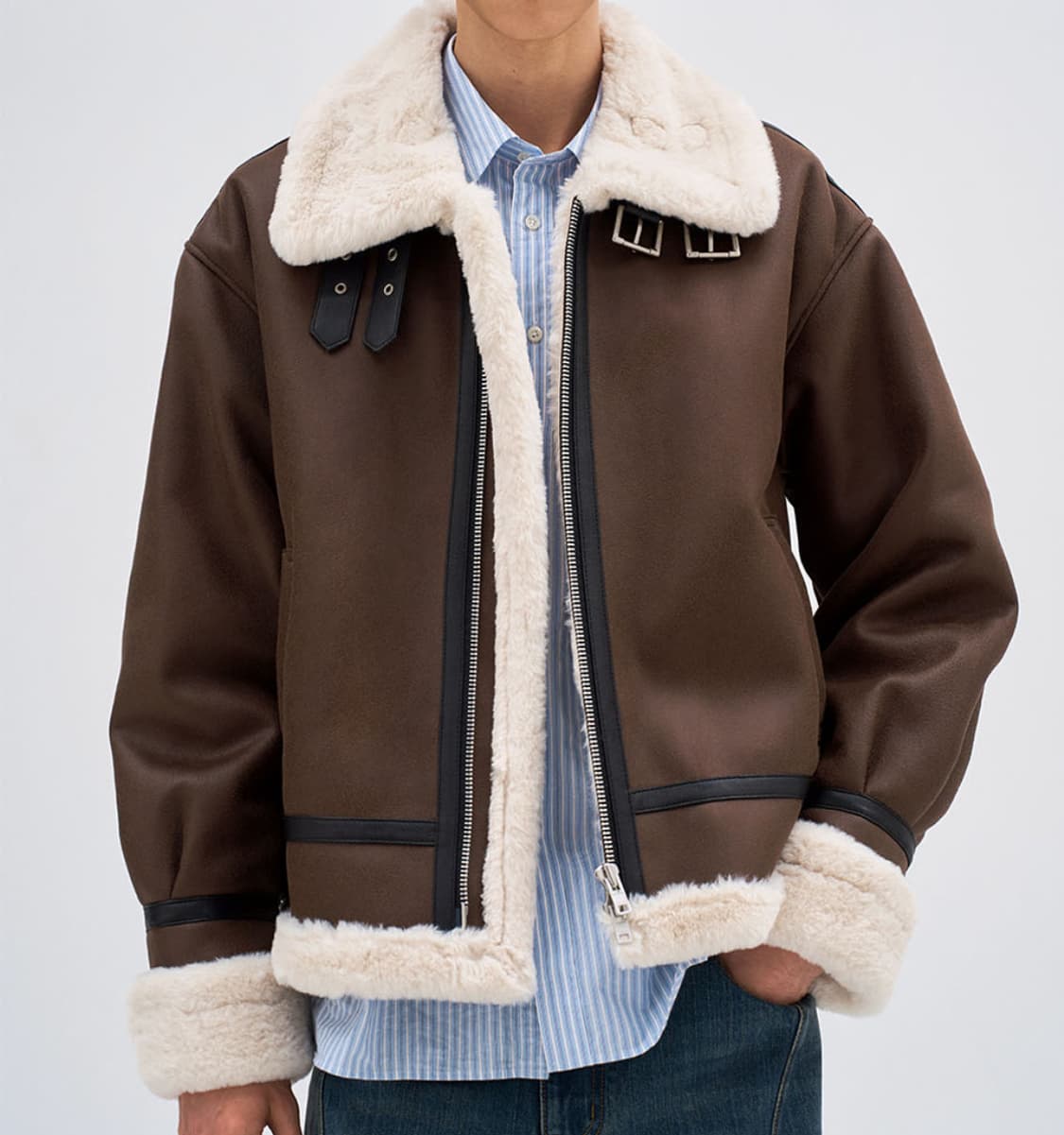 도프제이슨 하이넥 레더 무톤 자켓 무스탕 브라운 상품이미지2