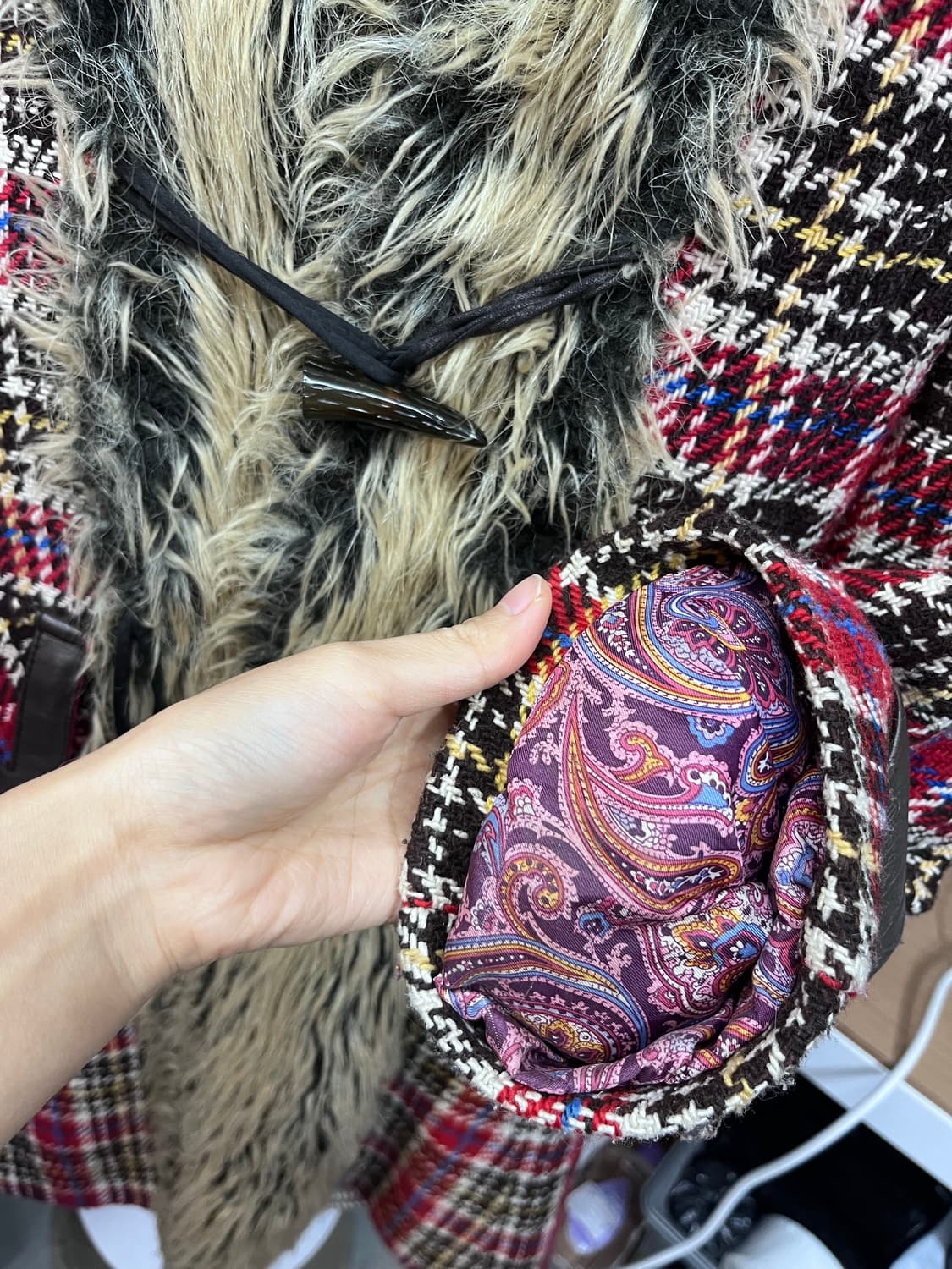 빈티지 산장 히피 체크 후드 울 코트 상품이미지6