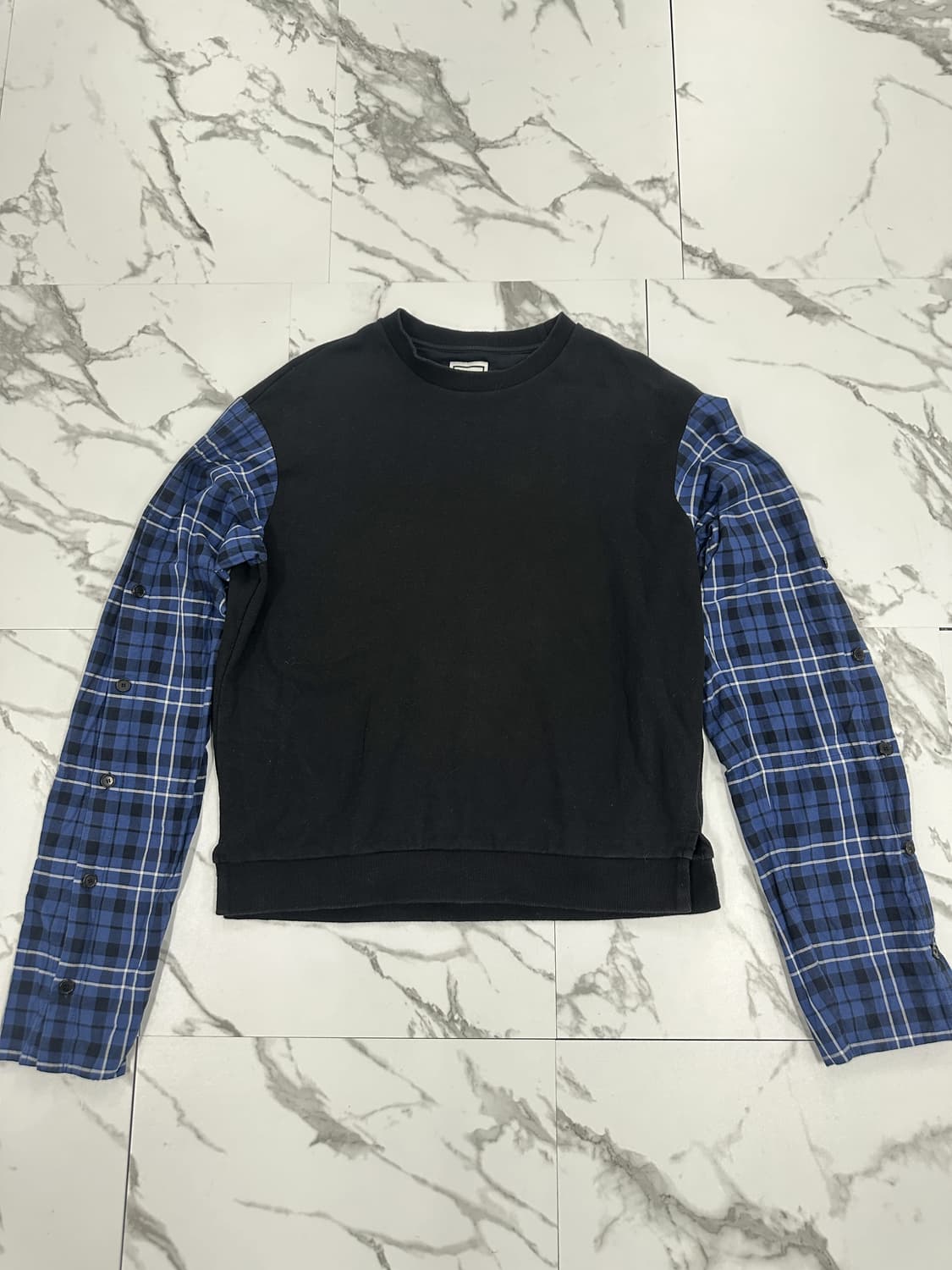 우영미 블루 체크 셔츠 레이어드 맨투맨 상품이미지1