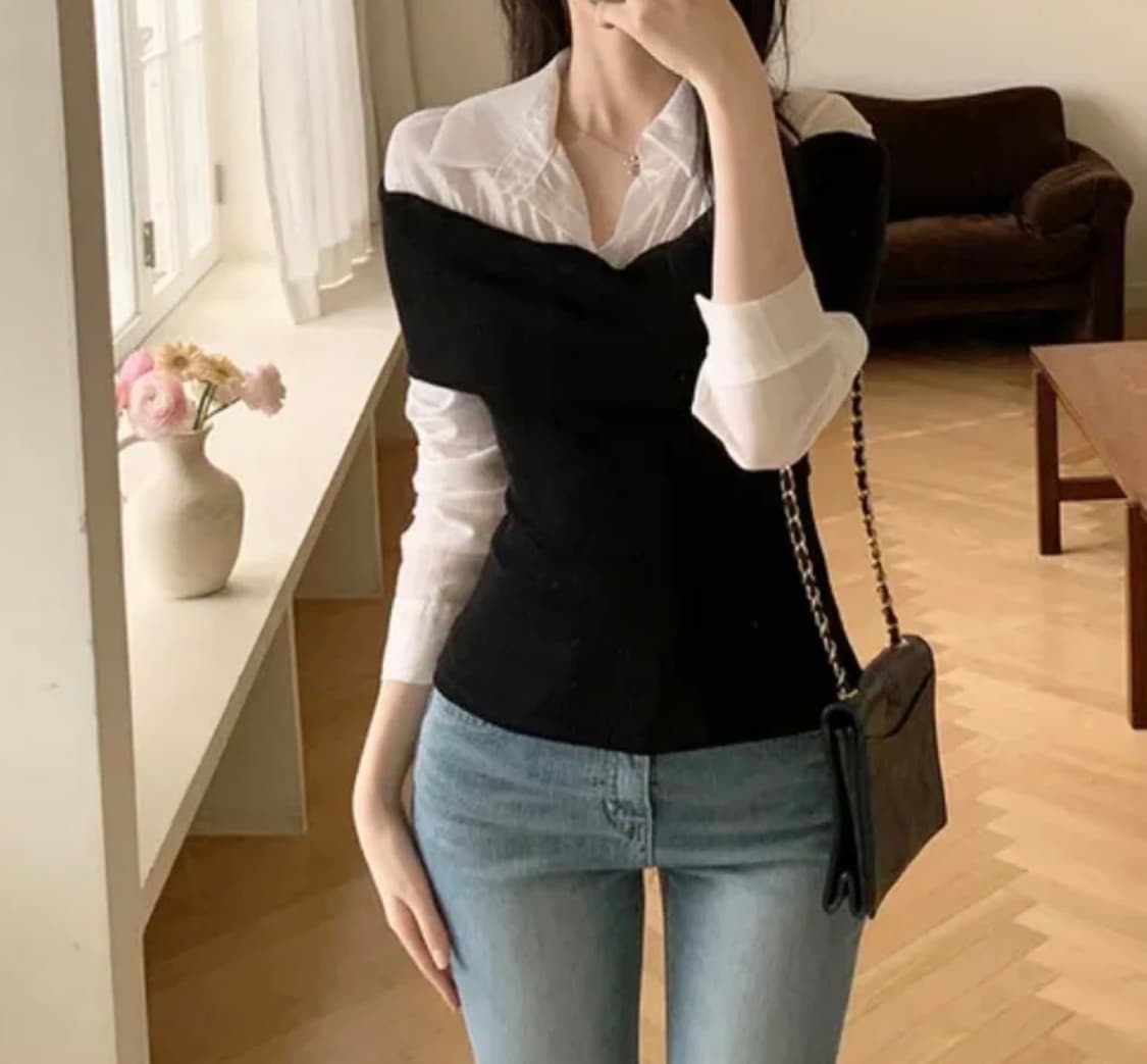 오프숄더 레이어드 배색 블라우스 상품이미지4