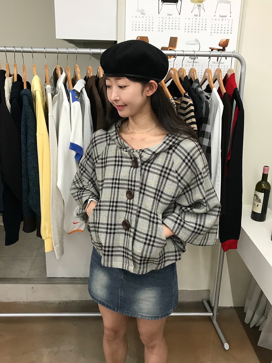 올리브데 올리브 체크 후드 망토 자켓 상품이미지4