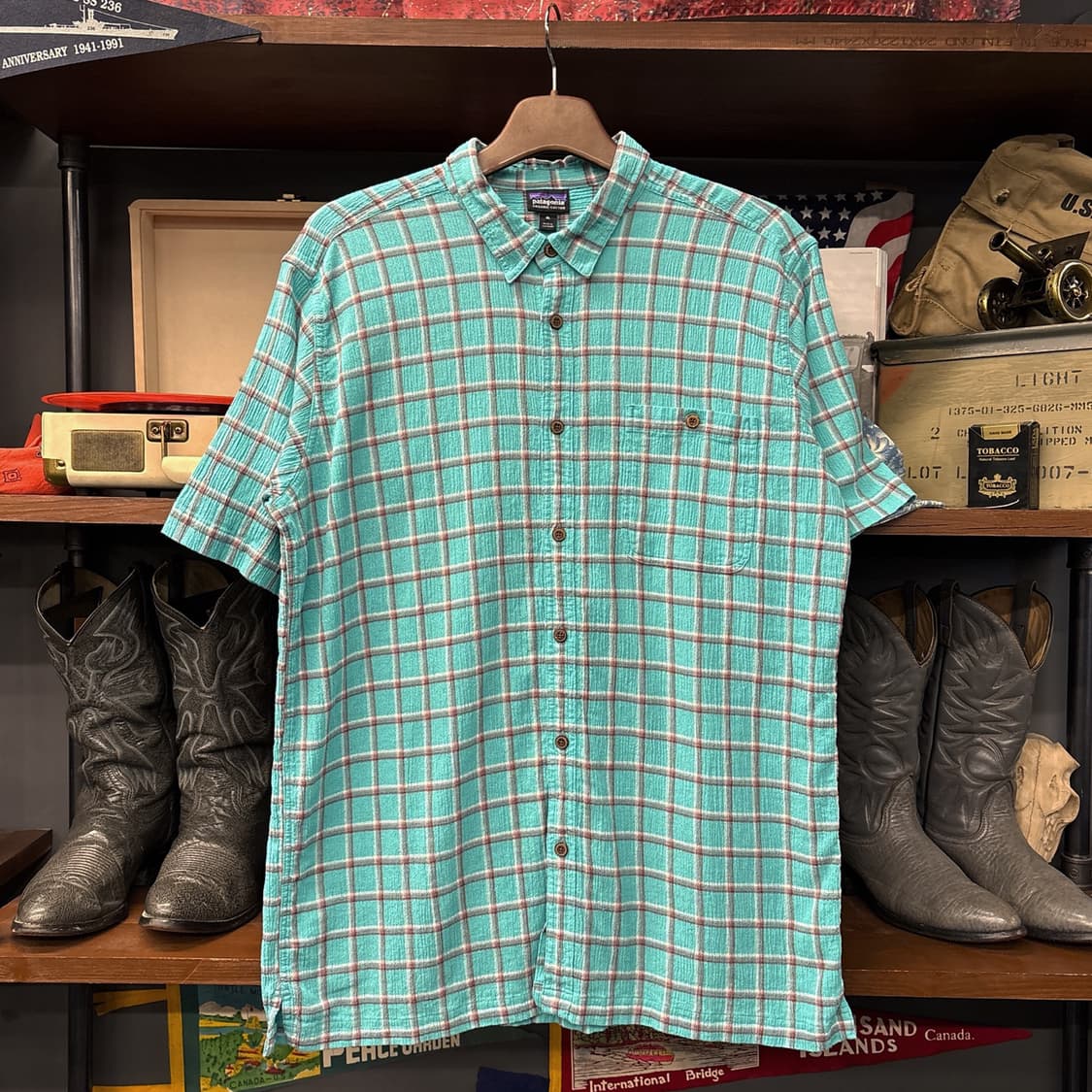 파타고니아 오가닉코튼 멀티 윈도우 체크 시어서커 셔츠 터콰이즈 N1153 상품이미지1