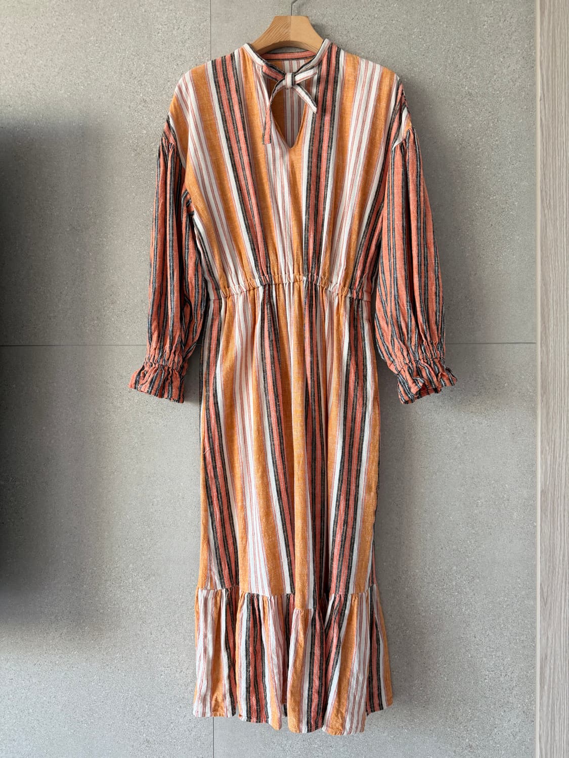 SLY 린넨 롱 원피스 스트라이프 퍼프 소매 상품이미지1