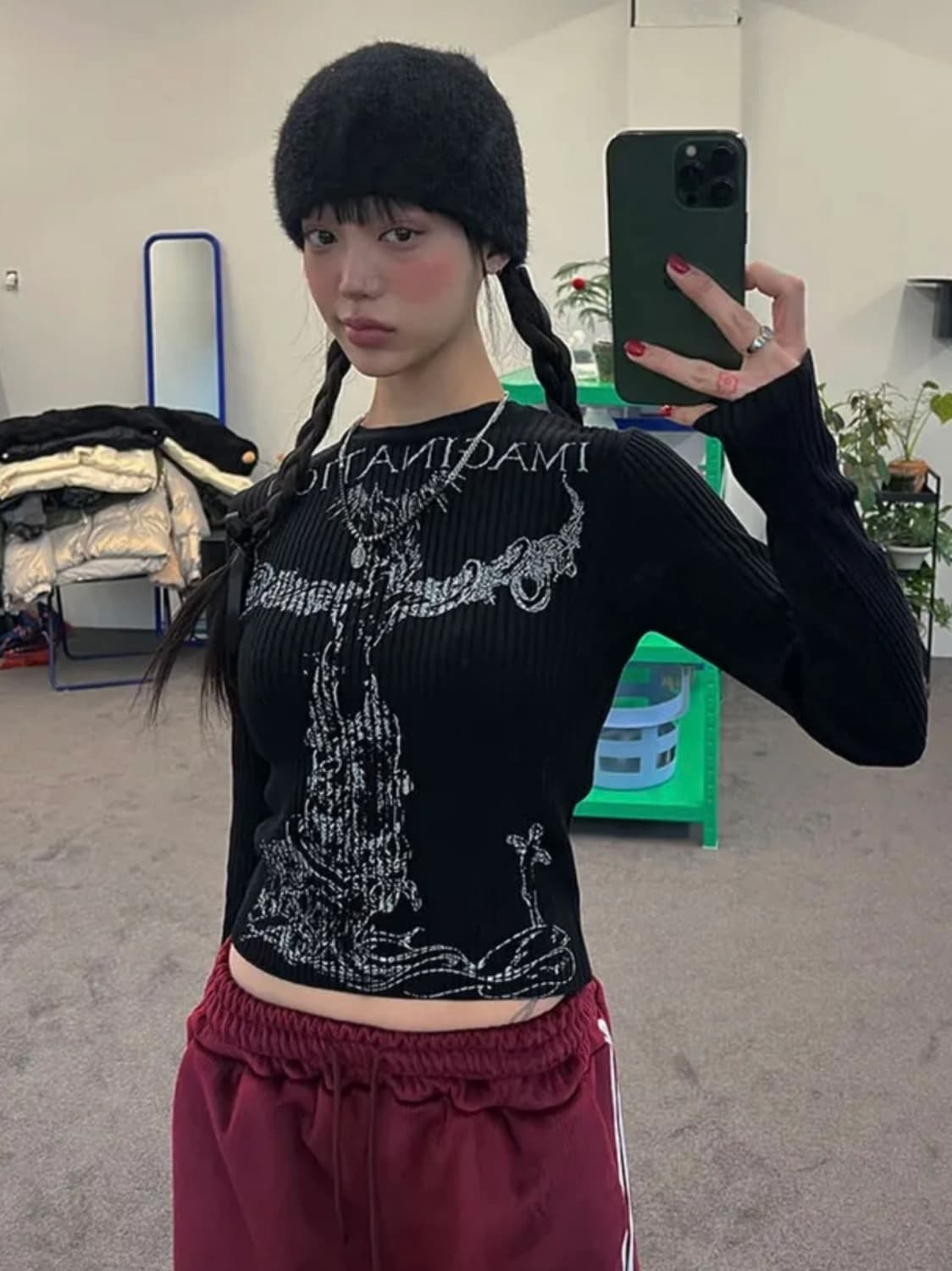 빈티지 고딕 펑크 프린팅 골지 롱슬리브 y2k 상품이미지1