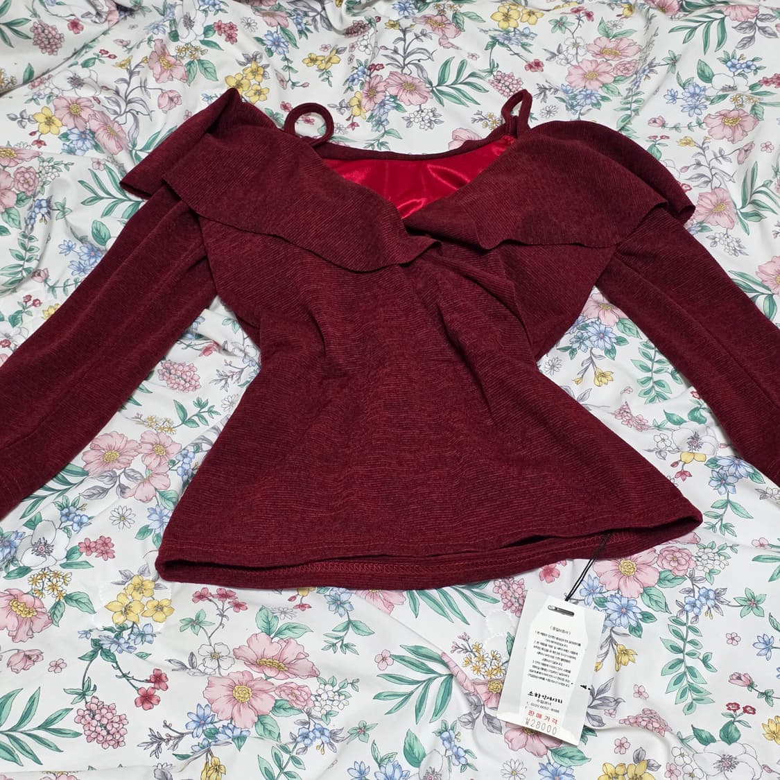 빈티지)버건디 오네갸루st 프릴 오프숄더 섹시 블라우스 상품이미지3