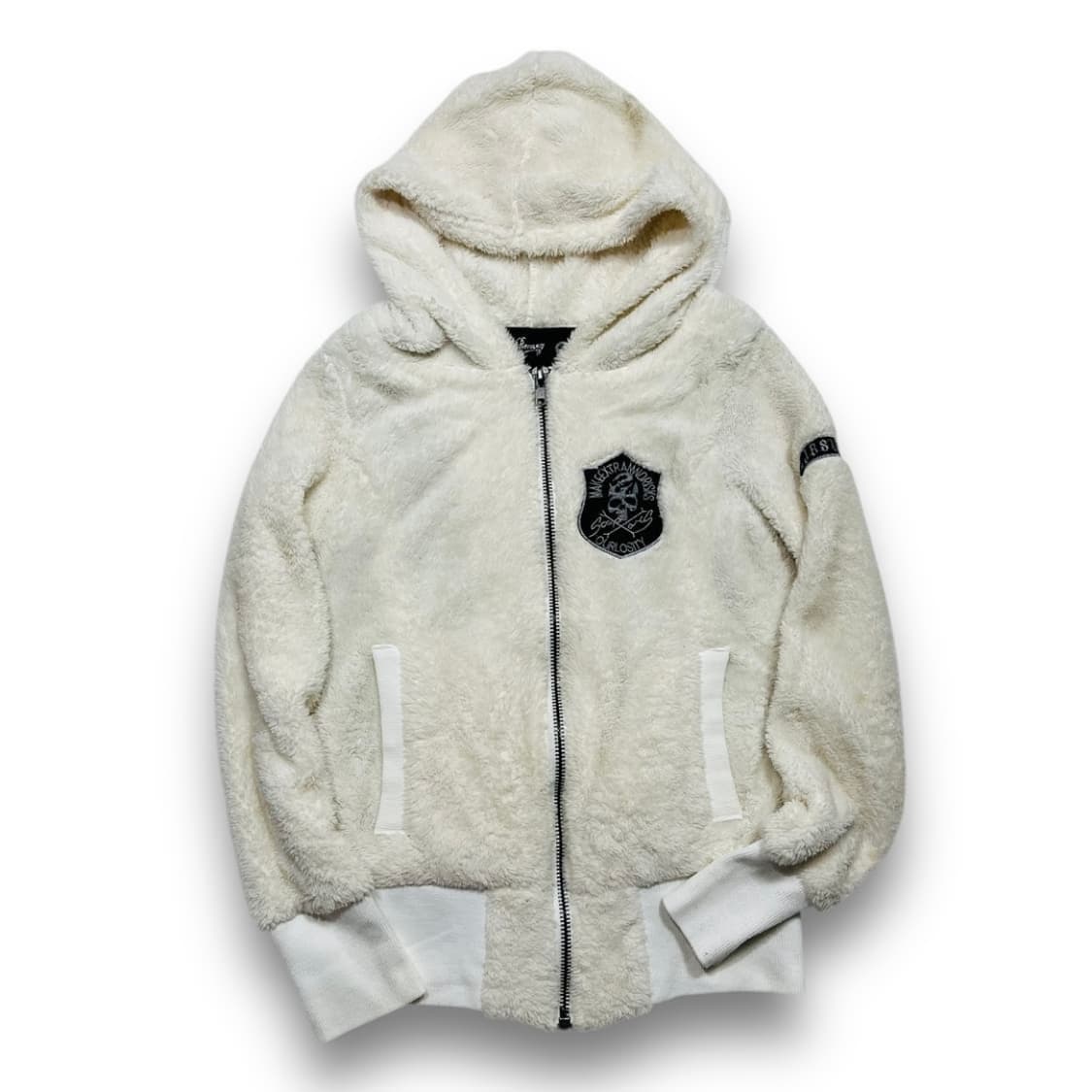 펑크 Bomany 스컬 자수 패치 빈티지 화이트 후디 집업 상품이미지3