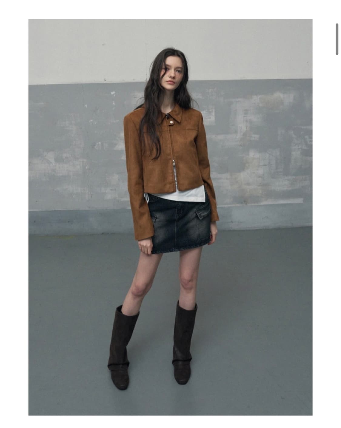 (새상품) 레더리 커브드 스웨이드 크롭 집업 자켓 CAMEL BROWN 상품이미지5