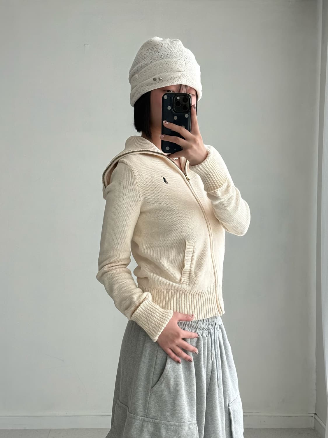 폴로 하이넥 아이보리 니트집업 상품이미지2