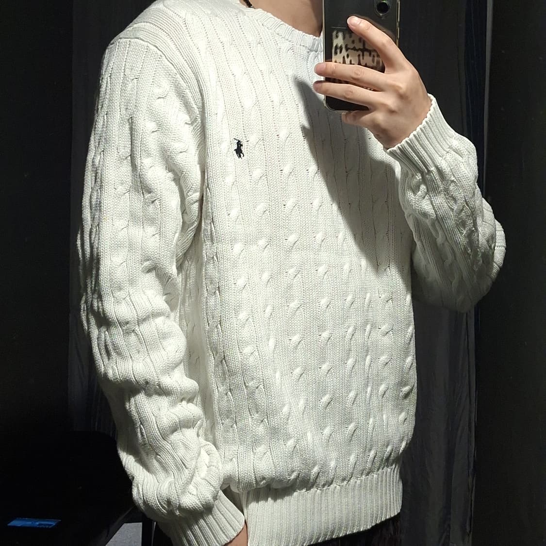 폴로랄프로렌 화이트 네이비포니 케이블 꽈배기 패턴 코튼 라운드넥 니트 상품이미지2