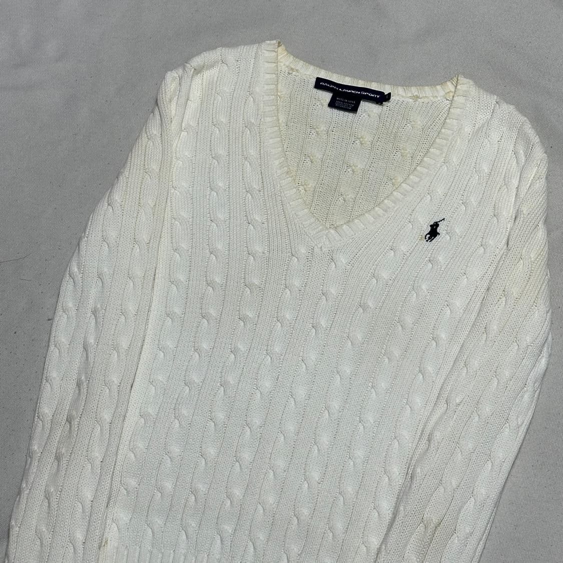 S 폴로랄프로렌 여성용 케이블 브이넥 화이트 니트 상품이미지1