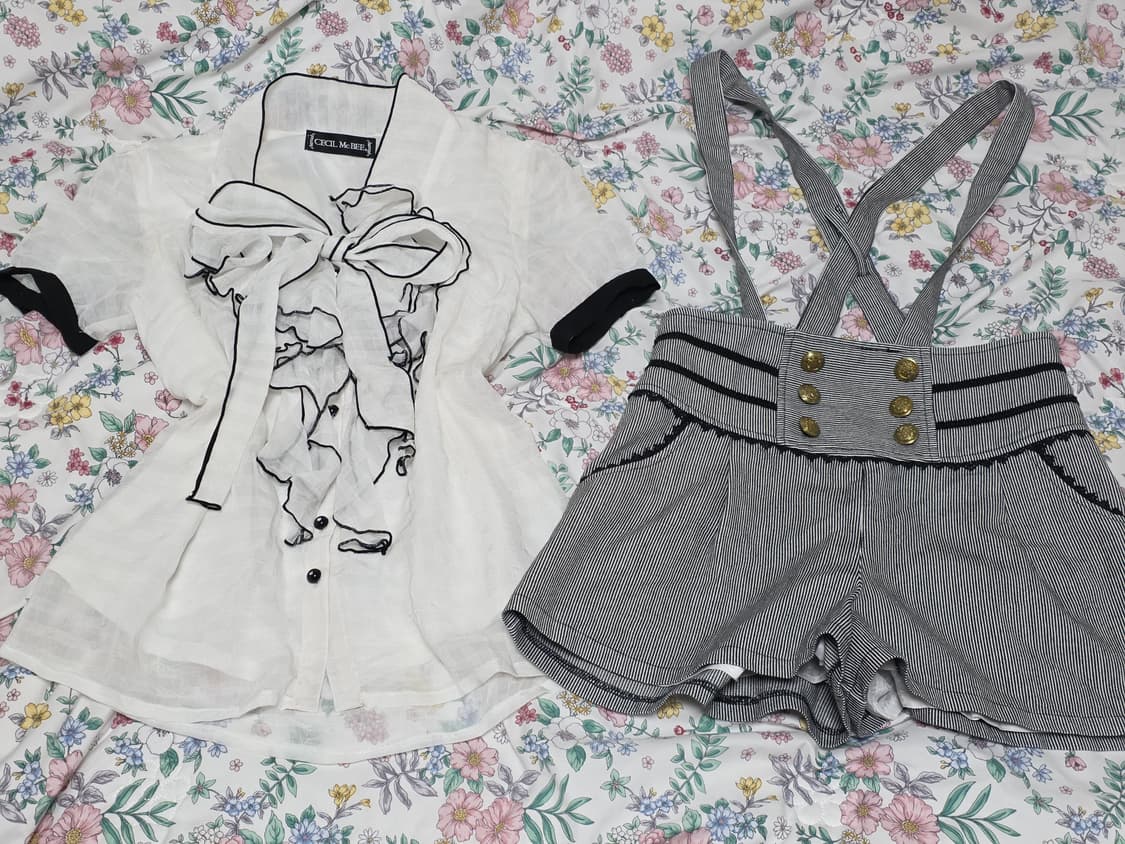 세실맥비 일본빈티지)오네갸루st 프릴블라우스+지뢰계큐롯반바지 코디세트 상품이미지2