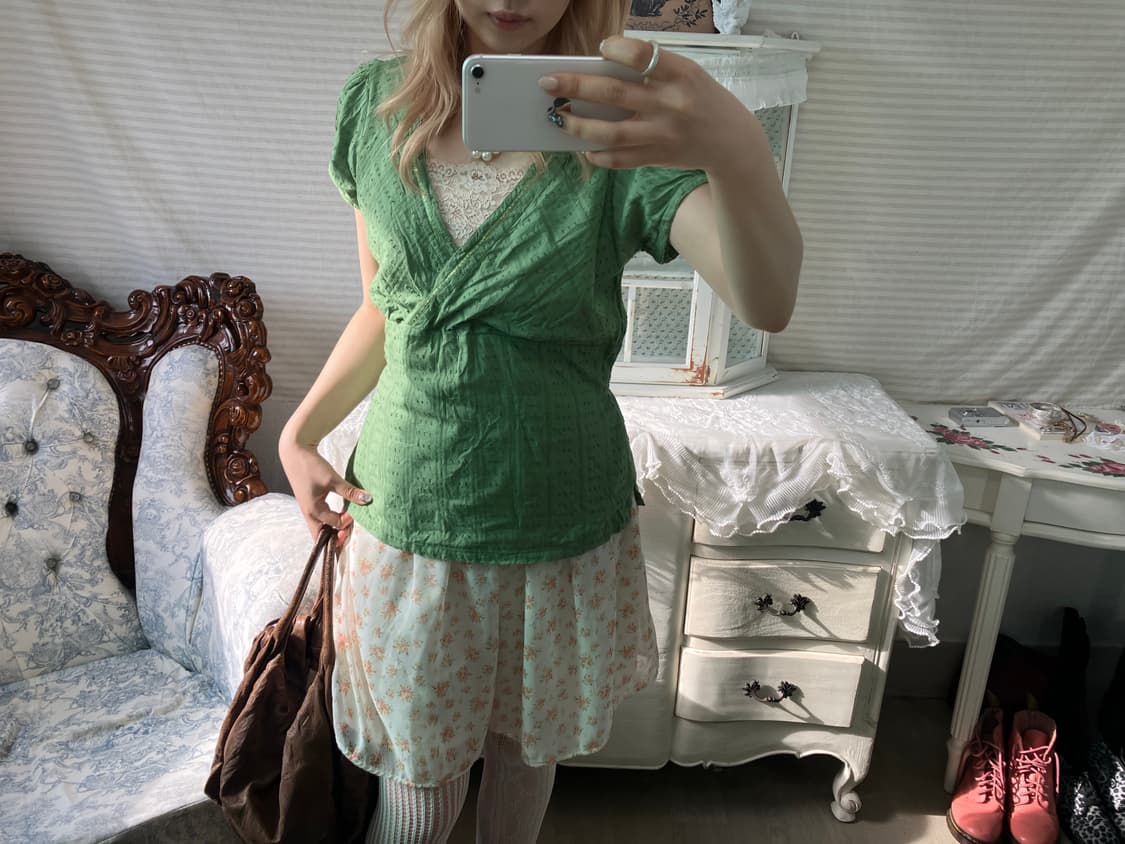 빈티지 그린 리본 블라우스 상품이미지2