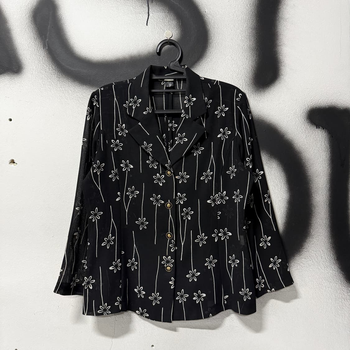 VTG 빈티지 블랙 화이트 플라워 패턴 시스루 셔츠 자켓 상품이미지1