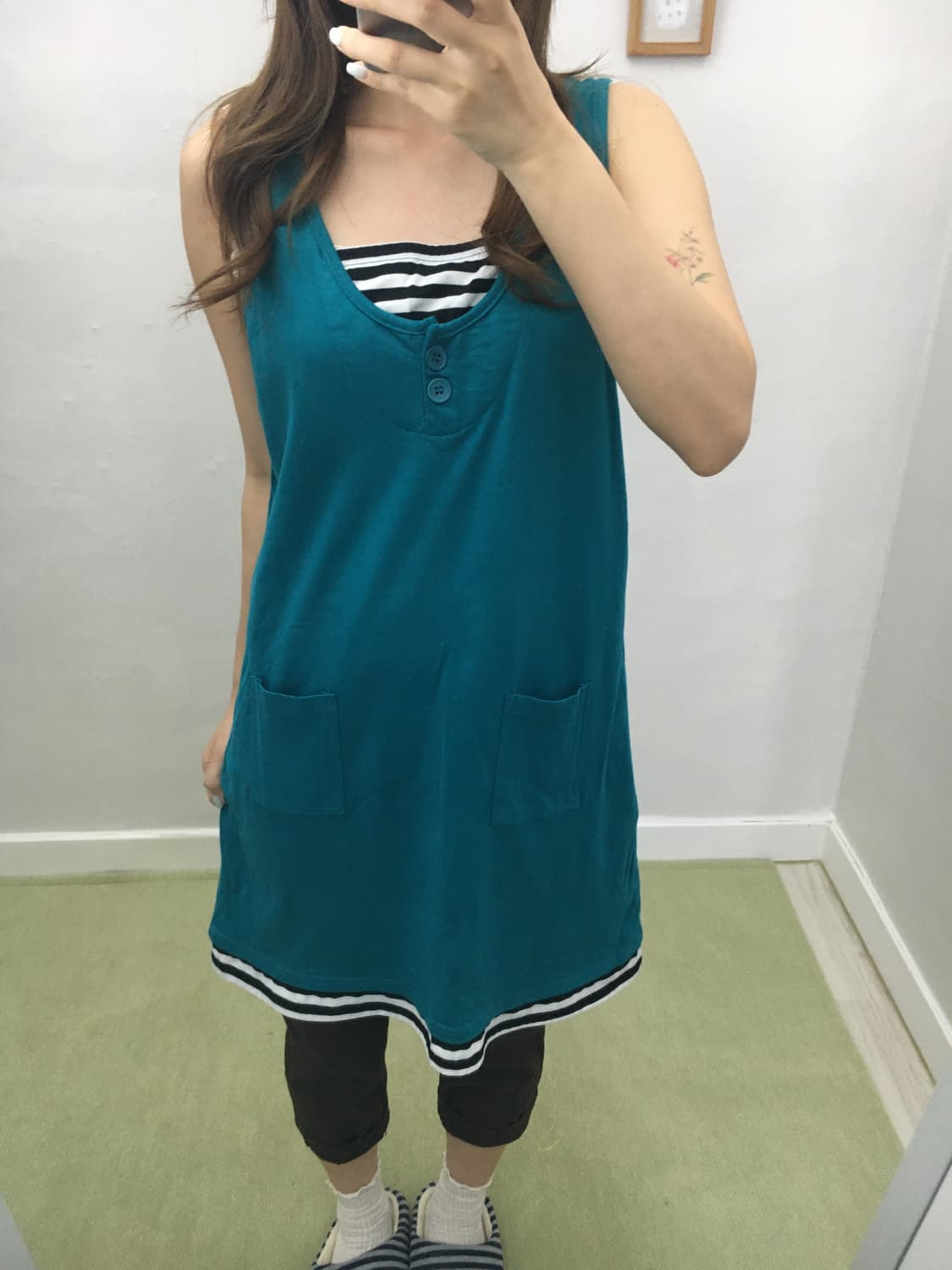 청록 스트라이프 레이어드 원피스 상품이미지3