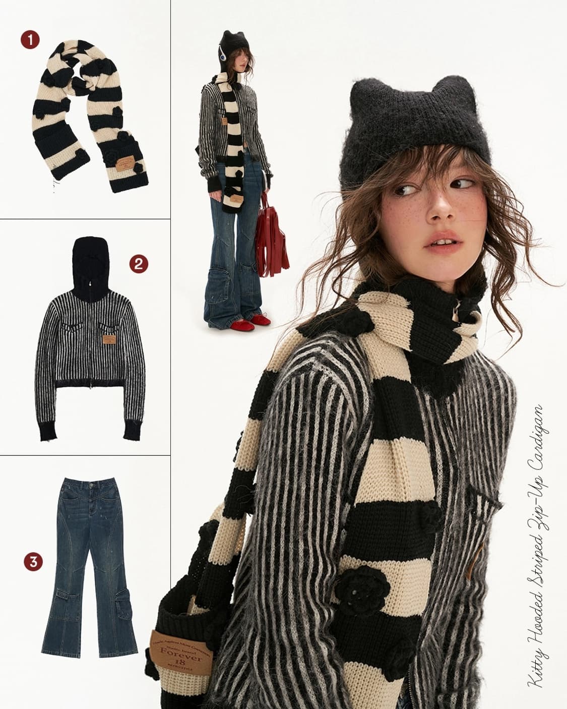 Kitty Hooded Striped Zip-Up Cardigan  상품이미지2