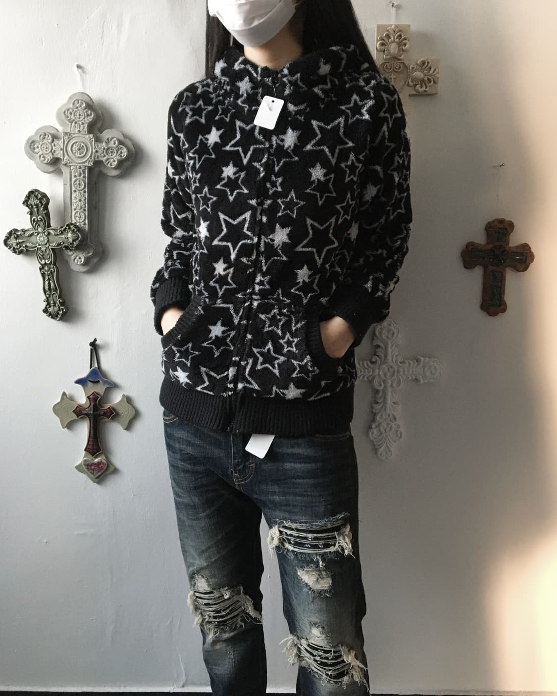 Star pattern fleece hood zip up 상품이미지7