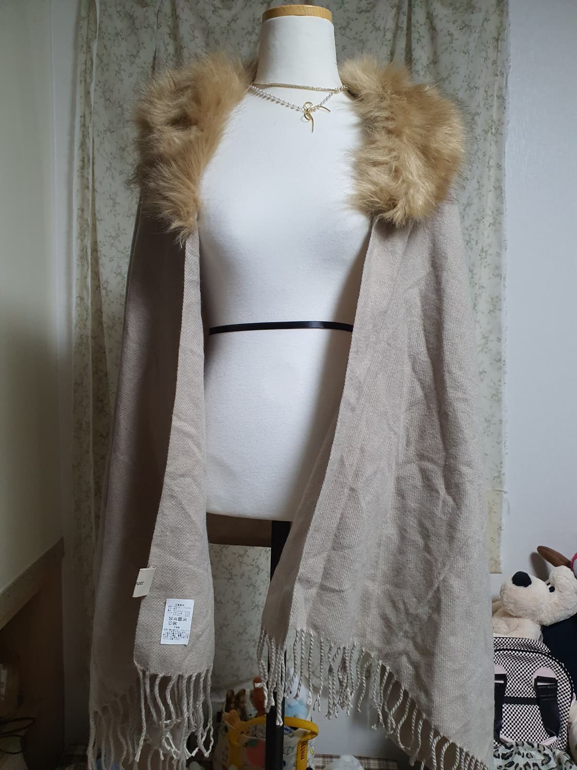 [빈티지] 달천깔 퍼 트리밍 베이지 망토 숄 케이프 상품이미지1