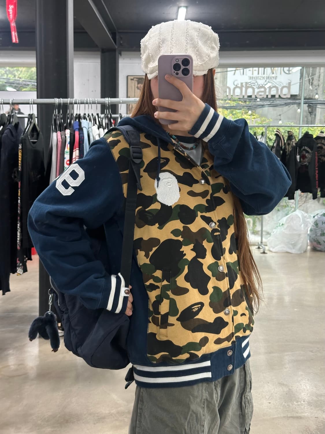 베이프 화이트사루 황계카모블루 넘버 바시티자켓 상품이미지1