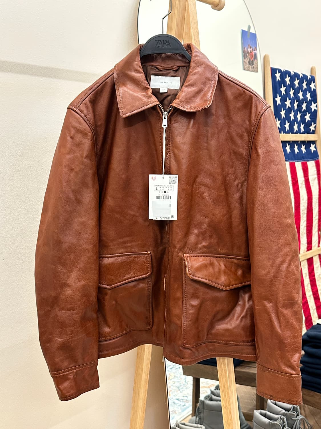 [새제품] 자라 오리진 리얼레더 소가죽 블루종 브라운 L 상품이미지1