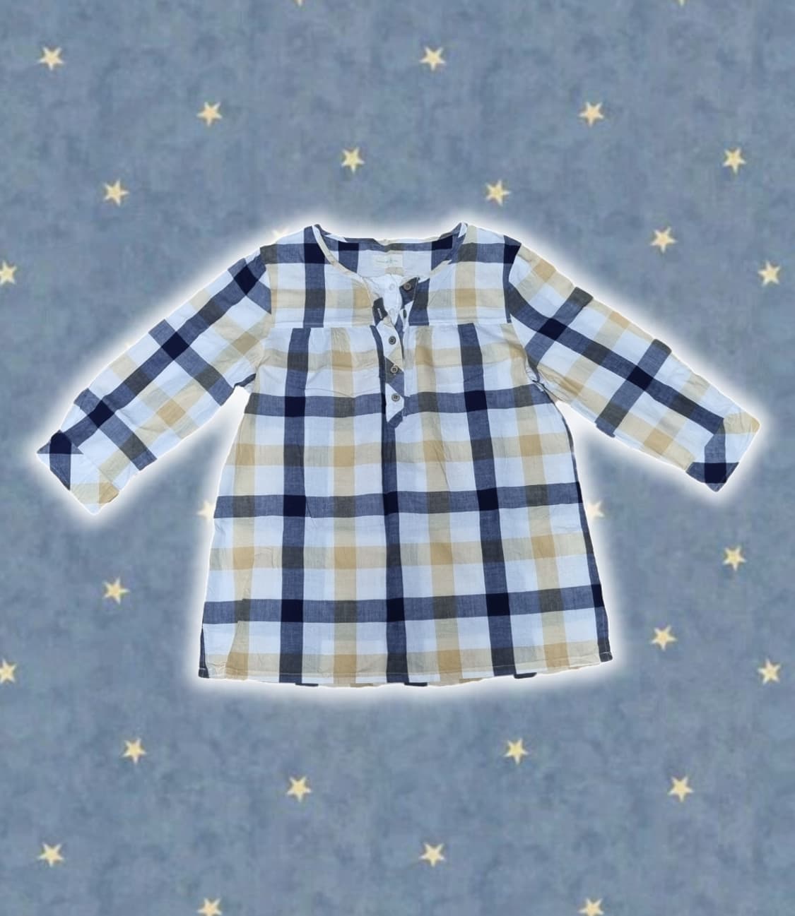 빈티지 모리걸 하구미 체크 블라우스 롱슬리브 레이어드 블루 옐로우 상품이미지1