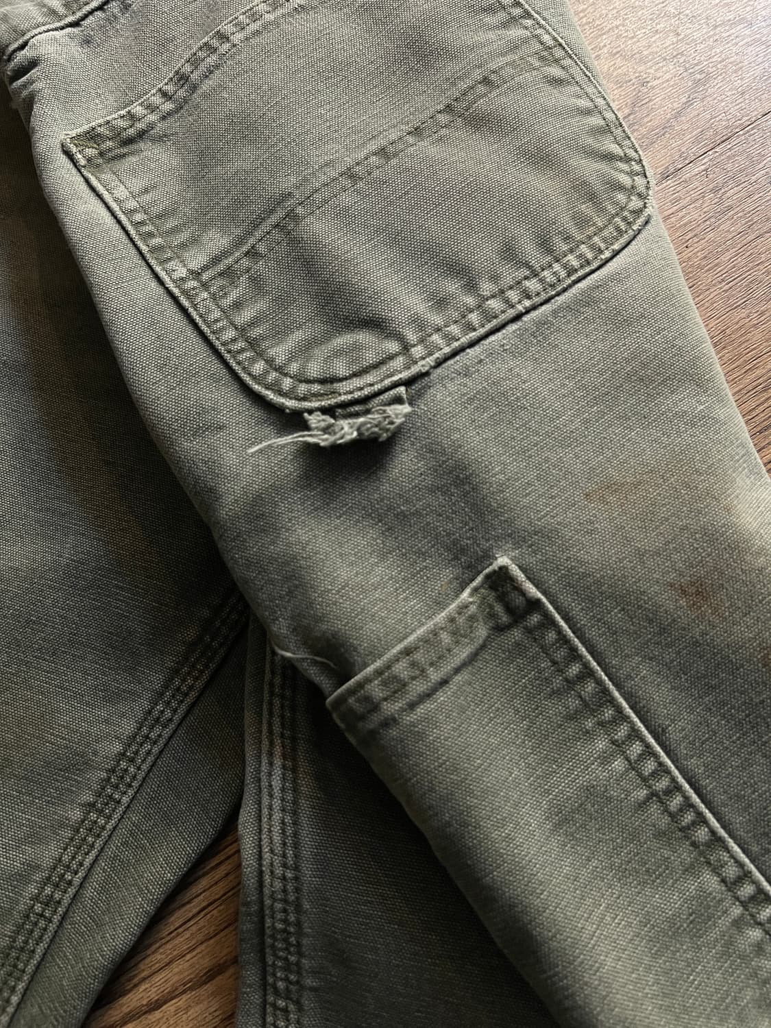 [36]칼하트 USA 체크라이닝 모스그린 데미지드 싱글니 워크팬츠 M12 상품이미지7