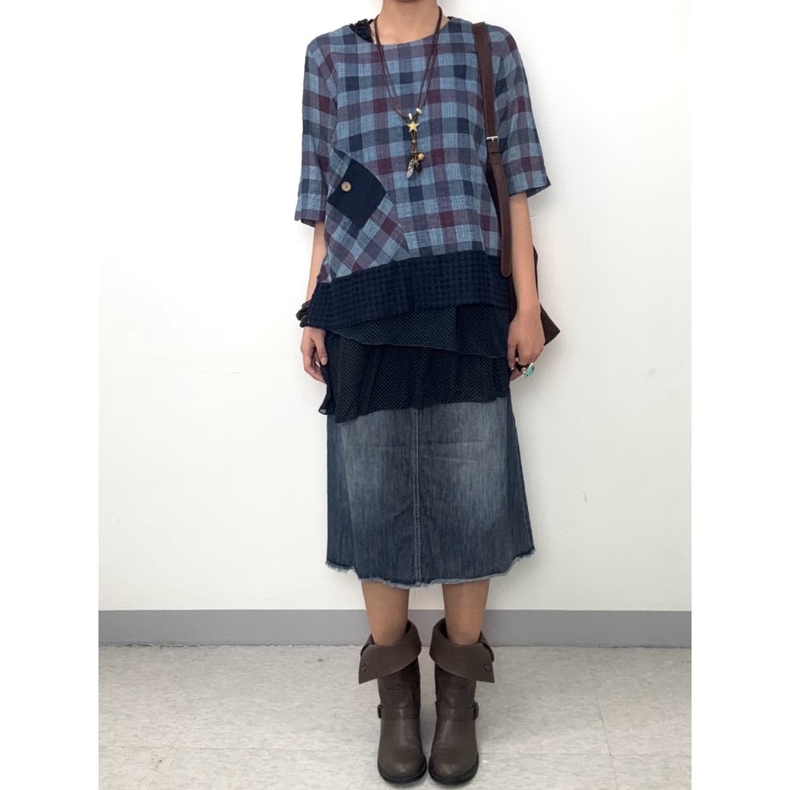 빈티지 중청 데님 미디 스커트 상품이미지1