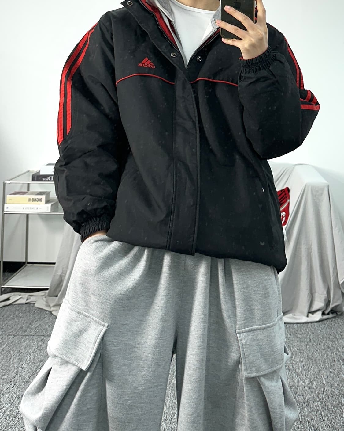 아디다스 블랙 레드 리버시블 빅로고 후디 점퍼 95 상품이미지5