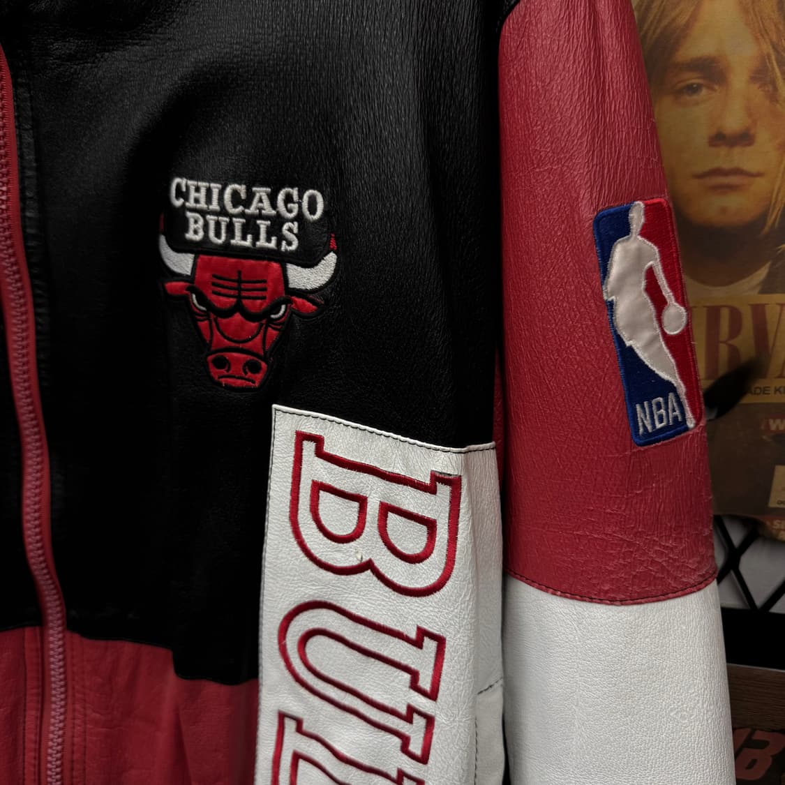 90s PRO PLAYER X 시카고불스 레더자켓 컬럭블록 화이트 레드 상품이미지5