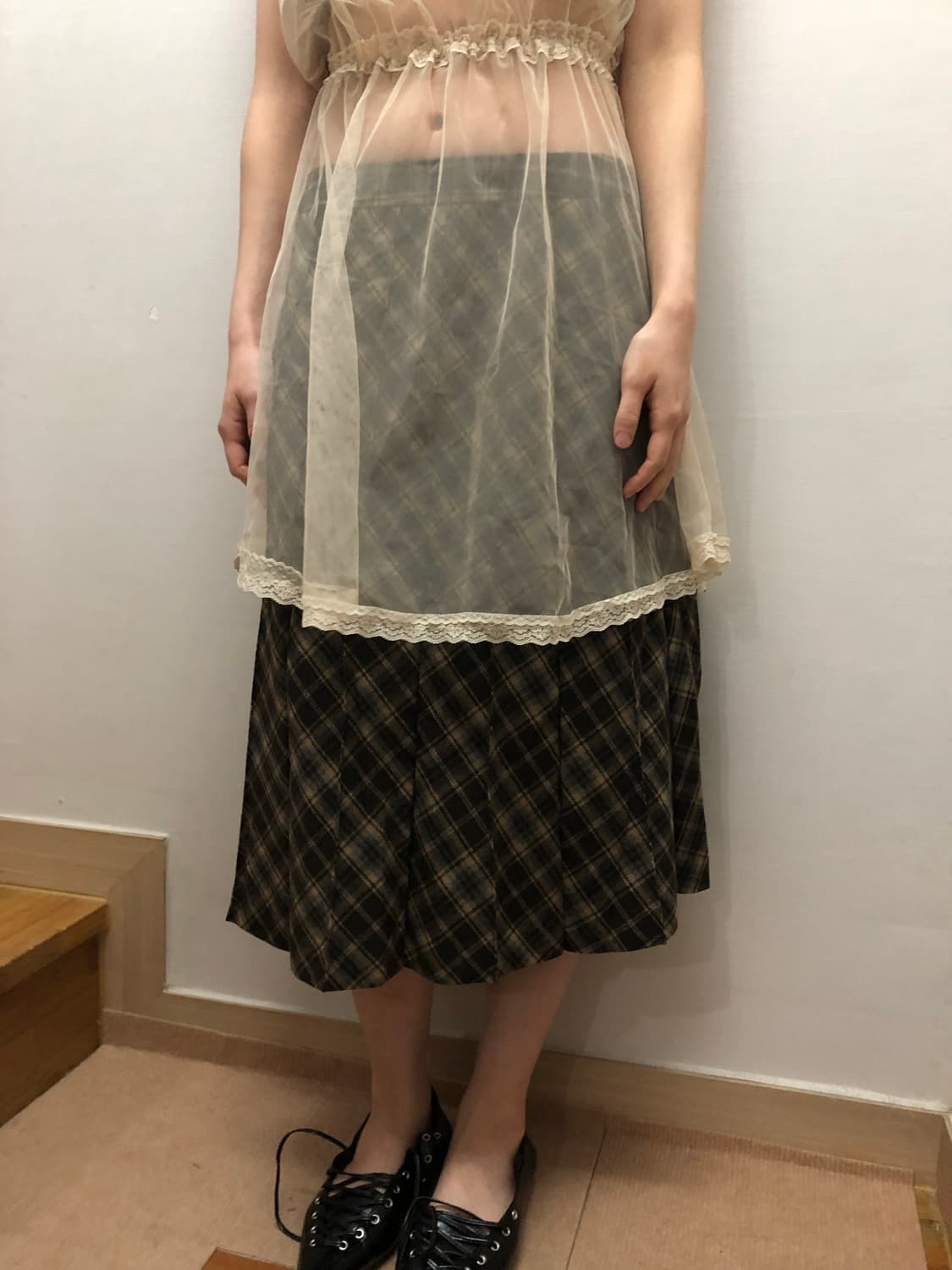 빈티지 그린 체크 울 플리츠 스커트 상품이미지3