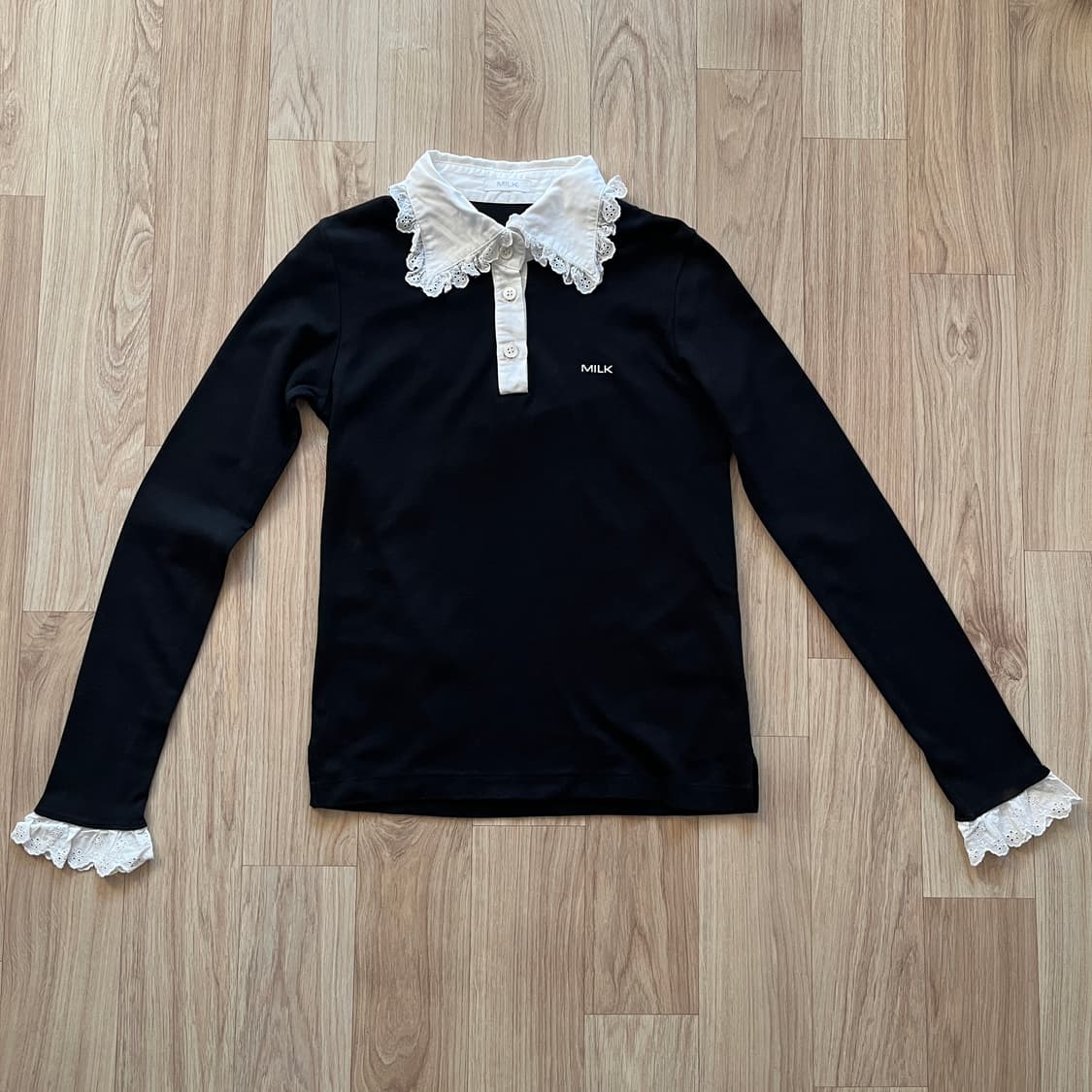 일본 MILK 레이스 카라 블랙 티셔츠 로리타 헤이세이 레트로 상품이미지1