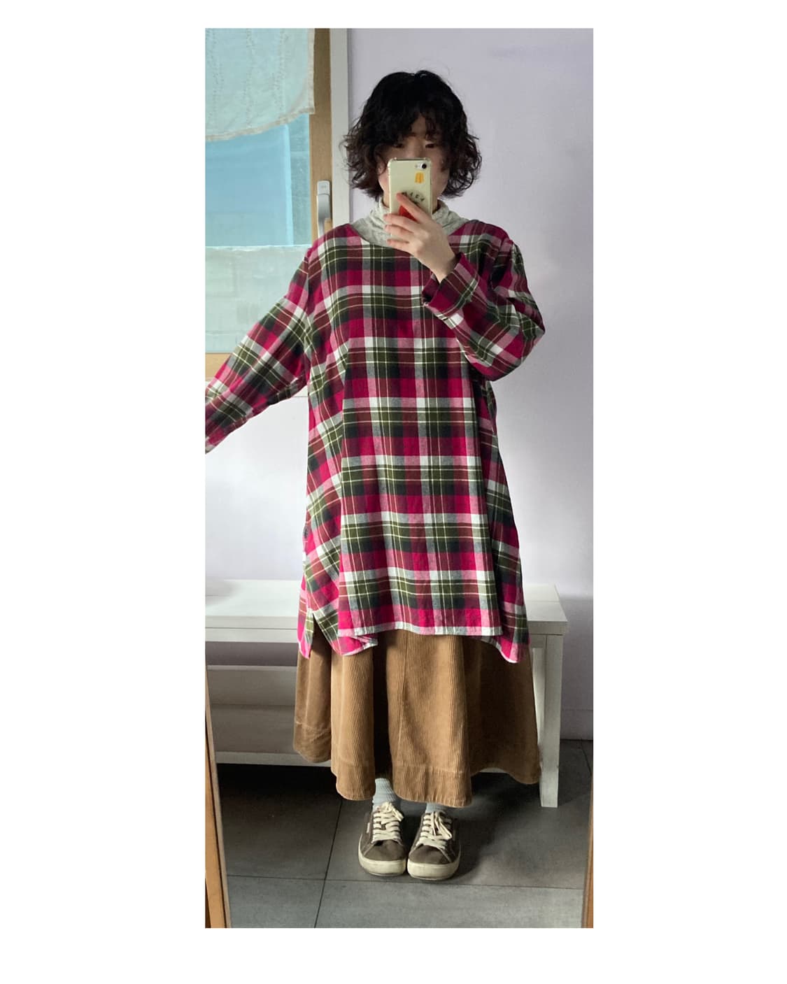 겨울 그린핑크체크 원피스 상품이미지1