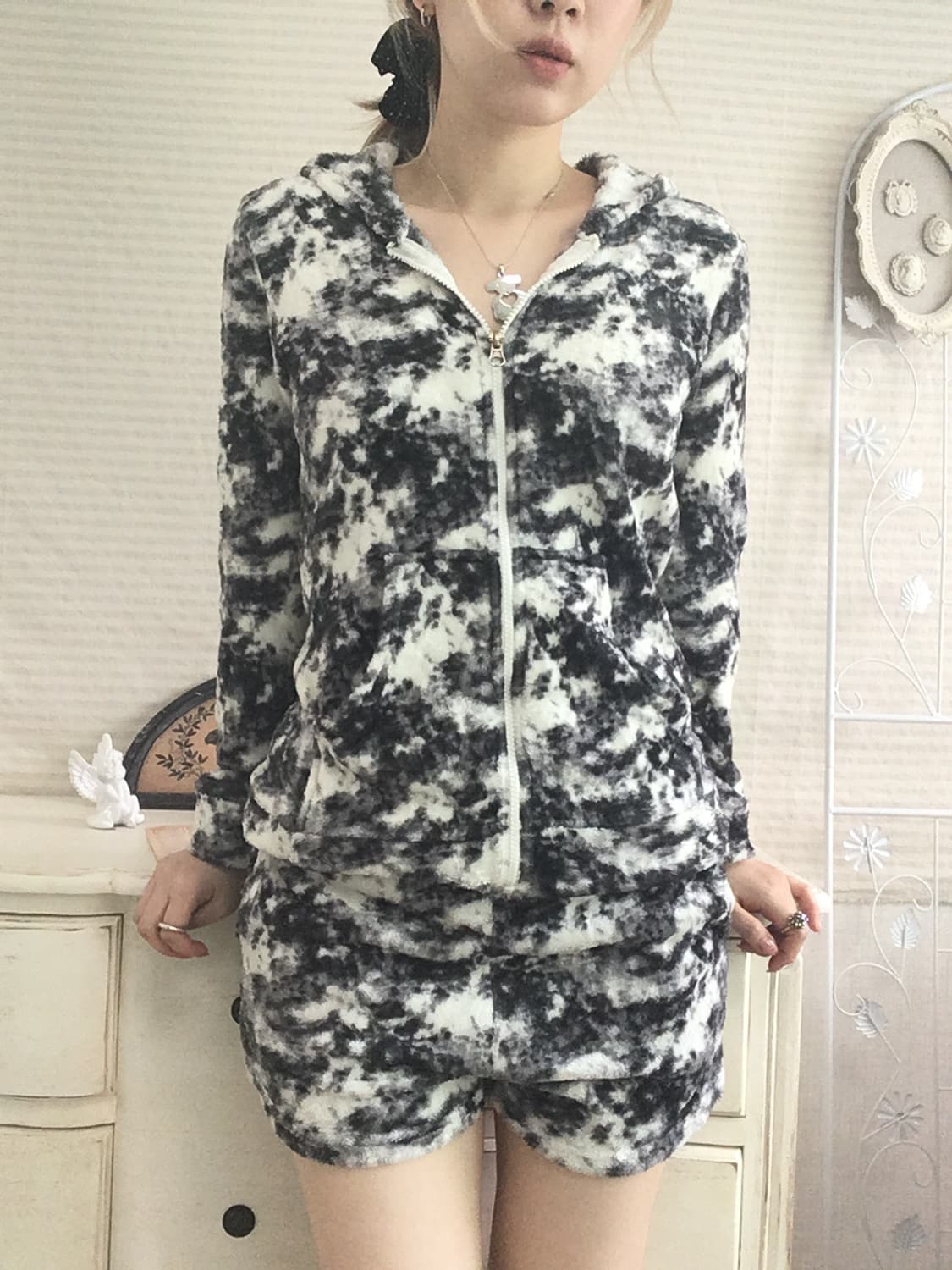 jpn vintage black marble fleece hood zip 상품이미지5