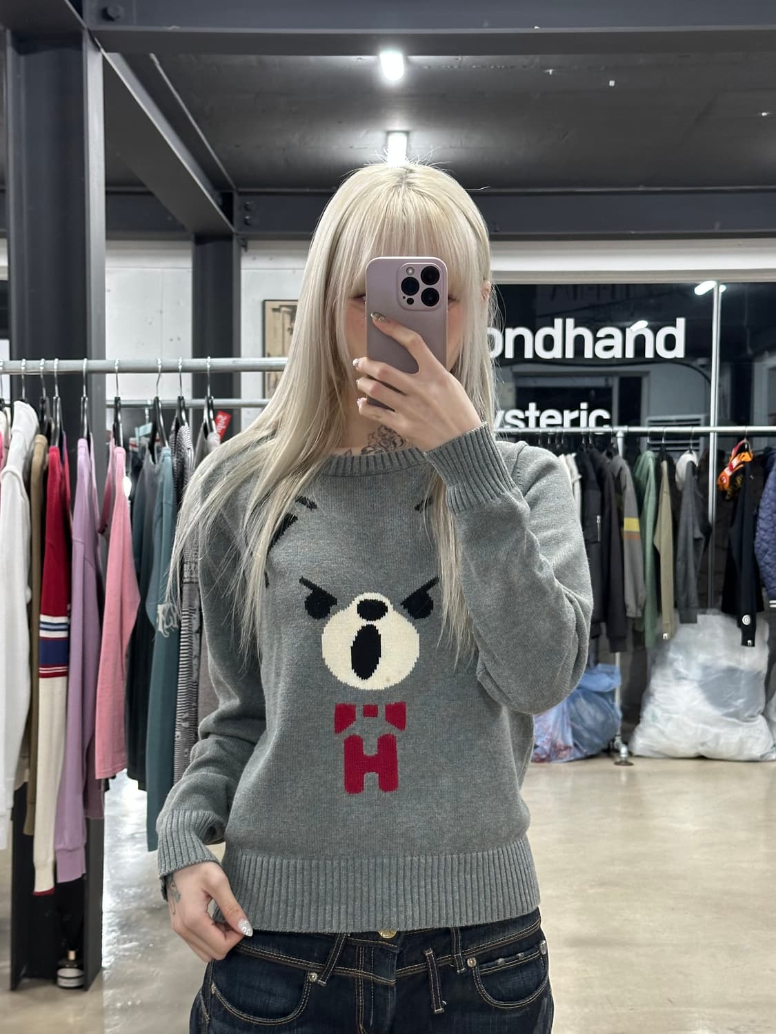 히스테릭 글래머 퍽베어 그레이 긴팔 니트  상품이미지1