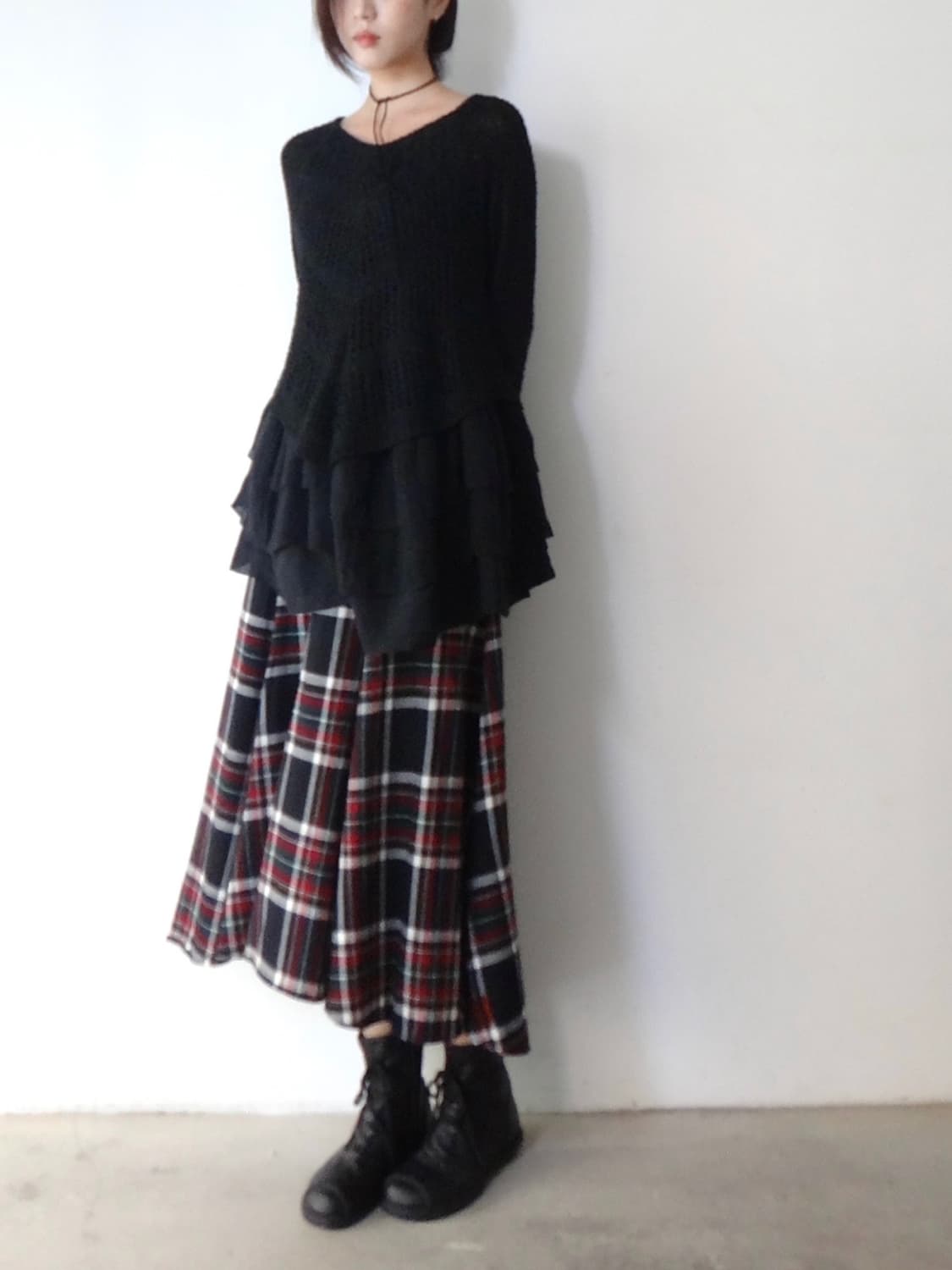 Check ruffle long skirt / red & green 상품이미지5