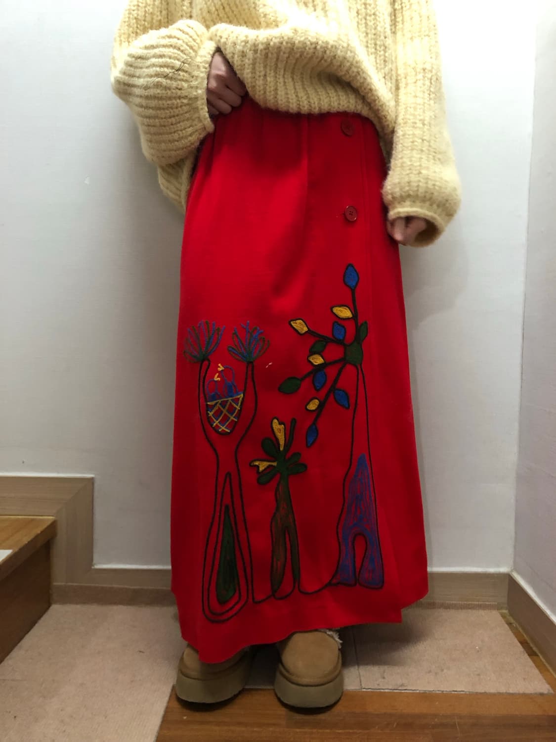 빈티지 레드 오리엔탈 버튼 롱 스커트 상품이미지2