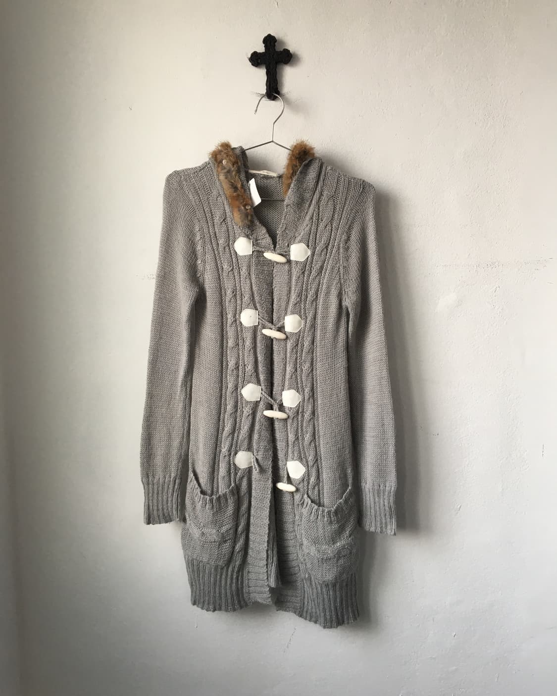 Fur trimming hood duffle button knit car 상품이미지2