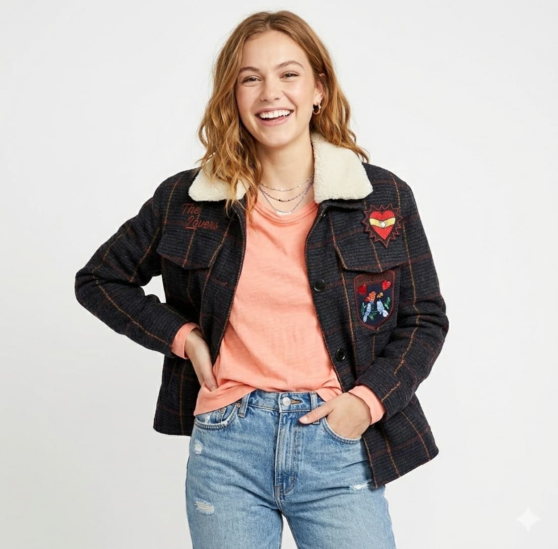 앳코너 양털카라 와펜 체크 여성자켓 | 유니크 포인트 | 55~66 상품이미지1