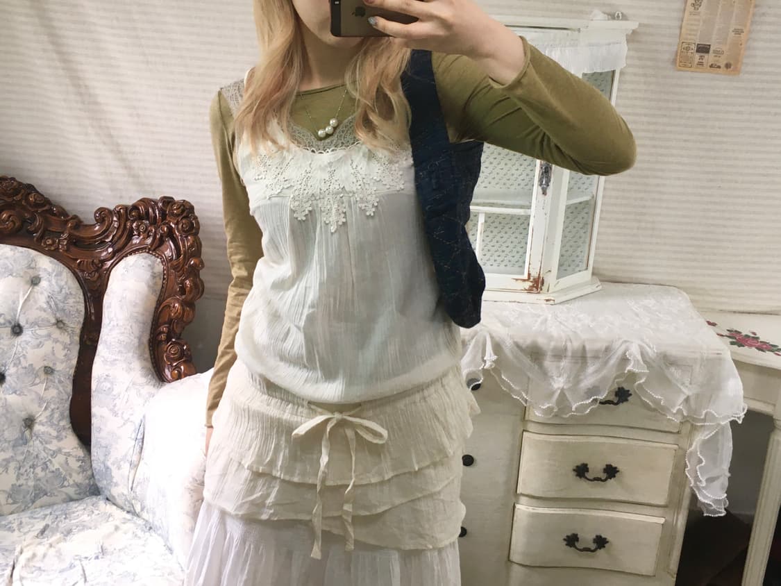 Set)카키민트 레이스나시 + 올리브롱슬리브 + 모리 레이스 원피스 상품이미지2