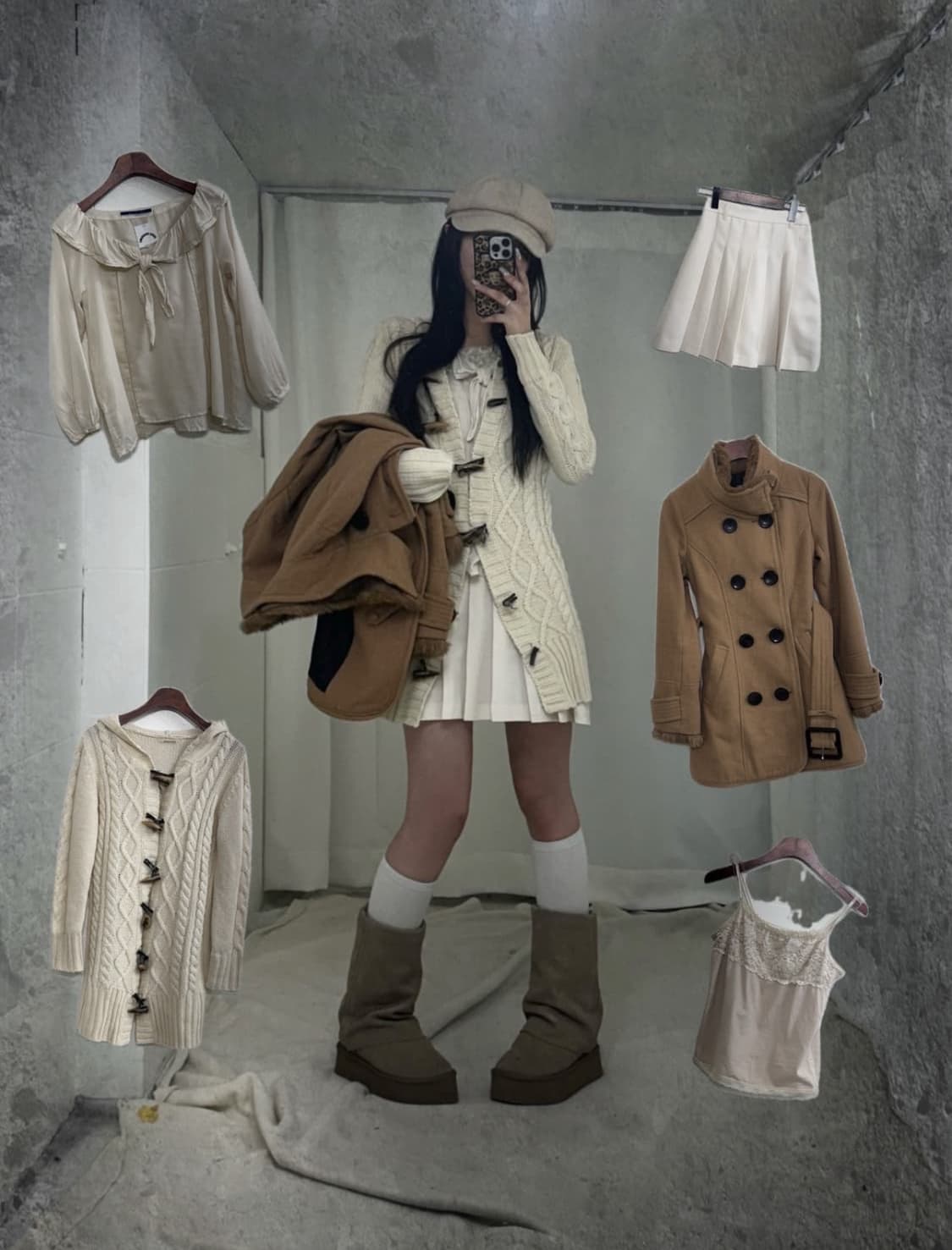 오네 라떼 갸루 브라운 울 퍼 코트 아이보리 블라우스 [스윙잉홍대] 상품이미지1